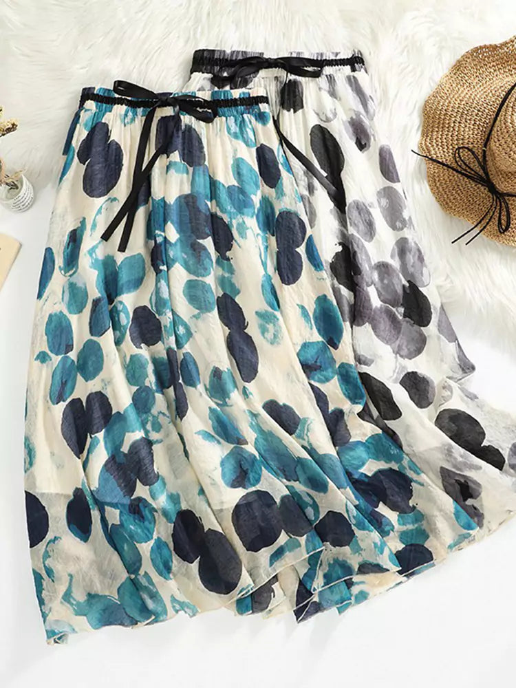 Double-Layer Ramie A-Line Flared Skirt with Polka Dot