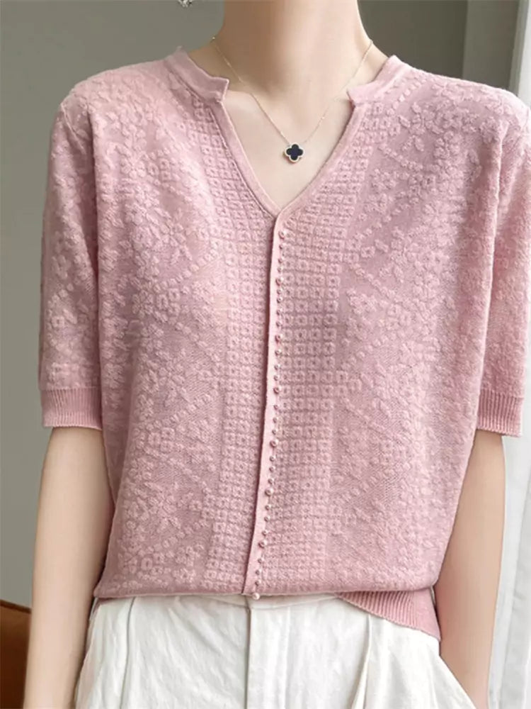 Elegant Beige V-Neck Beaded Pullover Blouse for Women