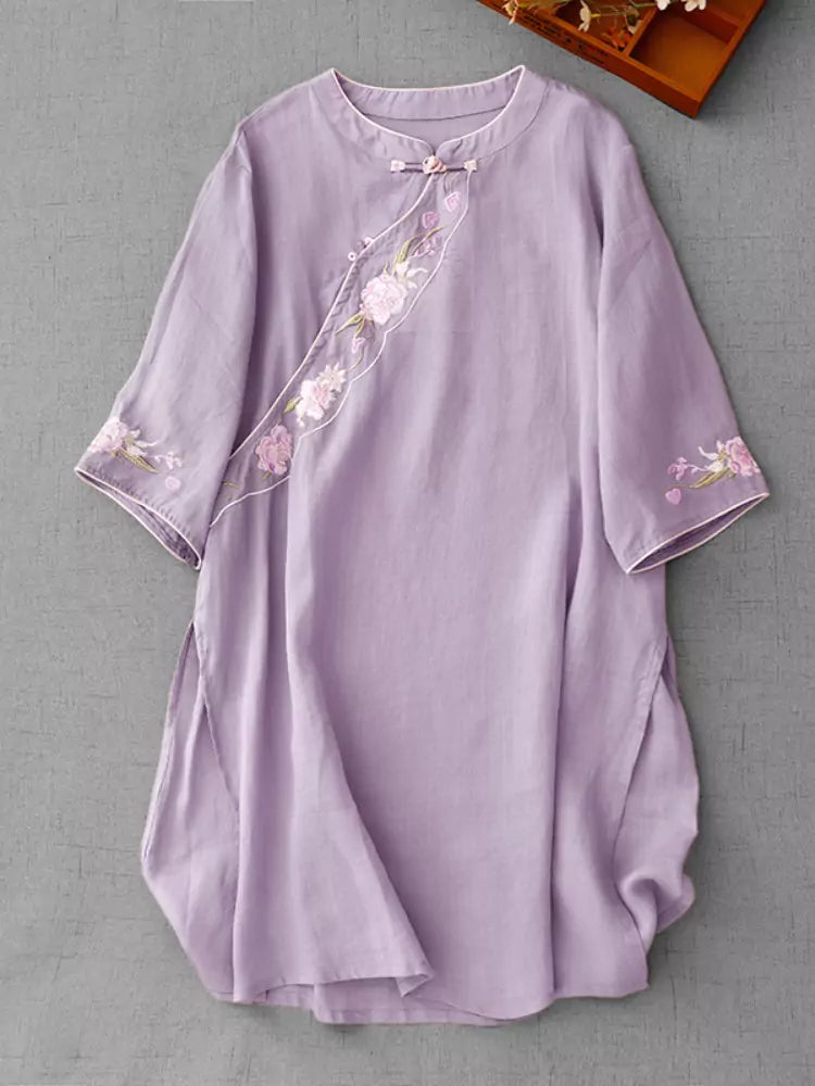 Vintage-Bluse aus Baumwoll-Leinen-Mischgewebe mit diagonal verlaufender, bestickter Knopfleiste in Rosa für Damen