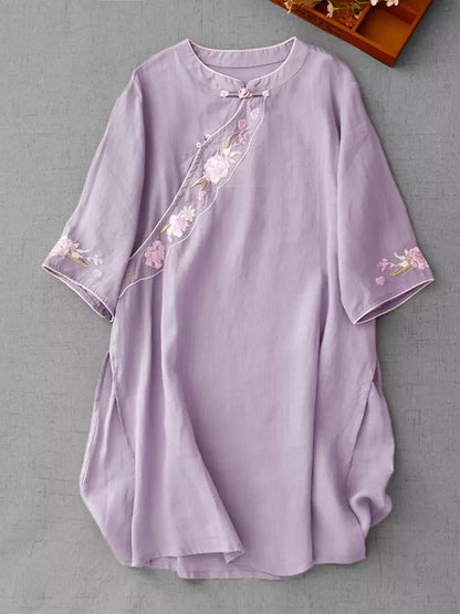 Vintage-Bluse aus Baumwoll-Leinen-Mischgewebe mit aprikosenfarbener, diagonal verlaufender Knopfleiste und Stickerei für Damen