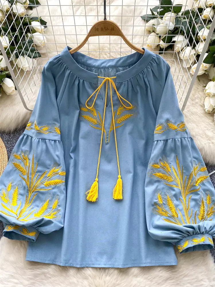 Vintage-Bluse im Bohème-Stil mit Stickerei, Bindekragen und Laternenärmeln für Damen