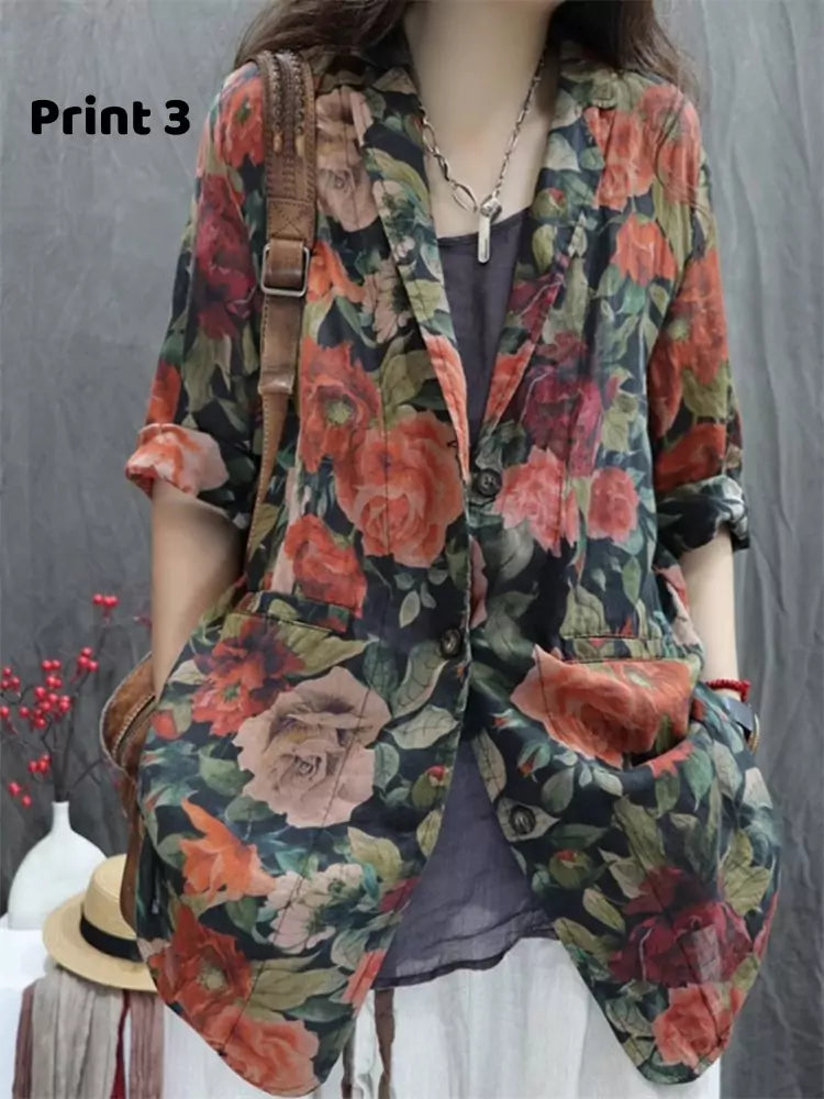 Vintage Printed Cotton Linen Blazer Jacket for Women
