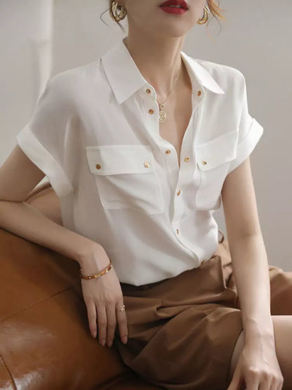 French Style Vintage White Short Sleeve Shirt for Women