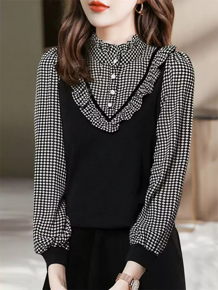 Vintage Plaid Ruffled Layered-Look Stand Collar Long Sleeve Blouse