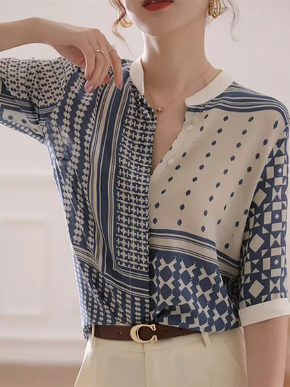 French Style Blue Stand Collar Chiffon Blouse with Vintage Print for Women Short Sleeve