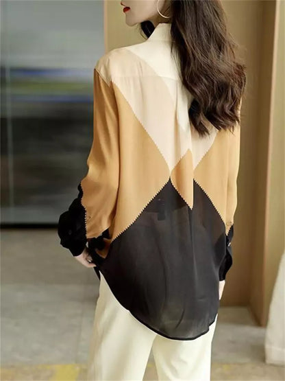 Stilvolles Langarmshirt mit Farbblock-Patchwork-Design für Damen