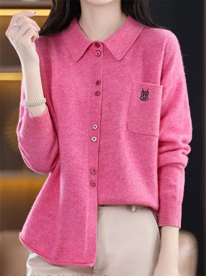 Suéter de punto con cuello polo de lana bordado estilo vintage para mujer