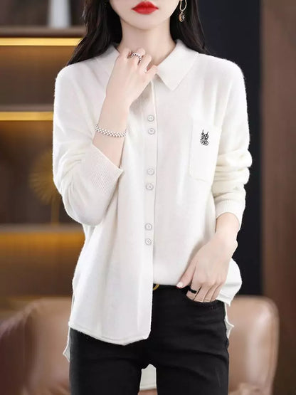 Suéter de punto con cuello polo de lana bordado estilo vintage para mujer