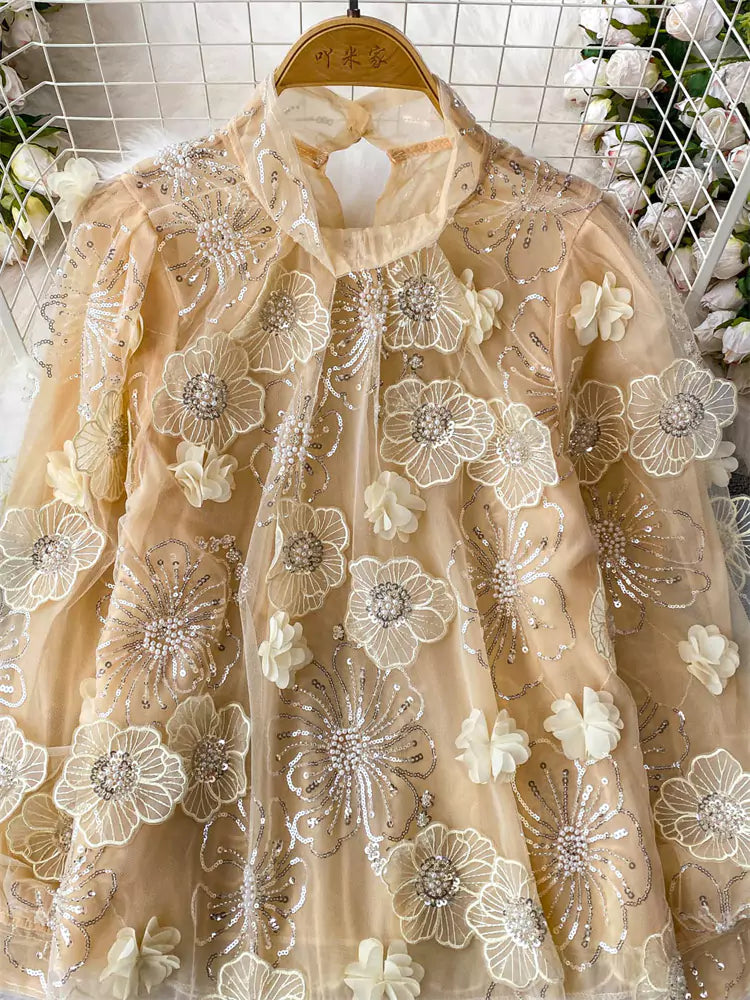 French Court Style Sheer Beaded Sequin Blouse with 3D Floral Embellishments for Women