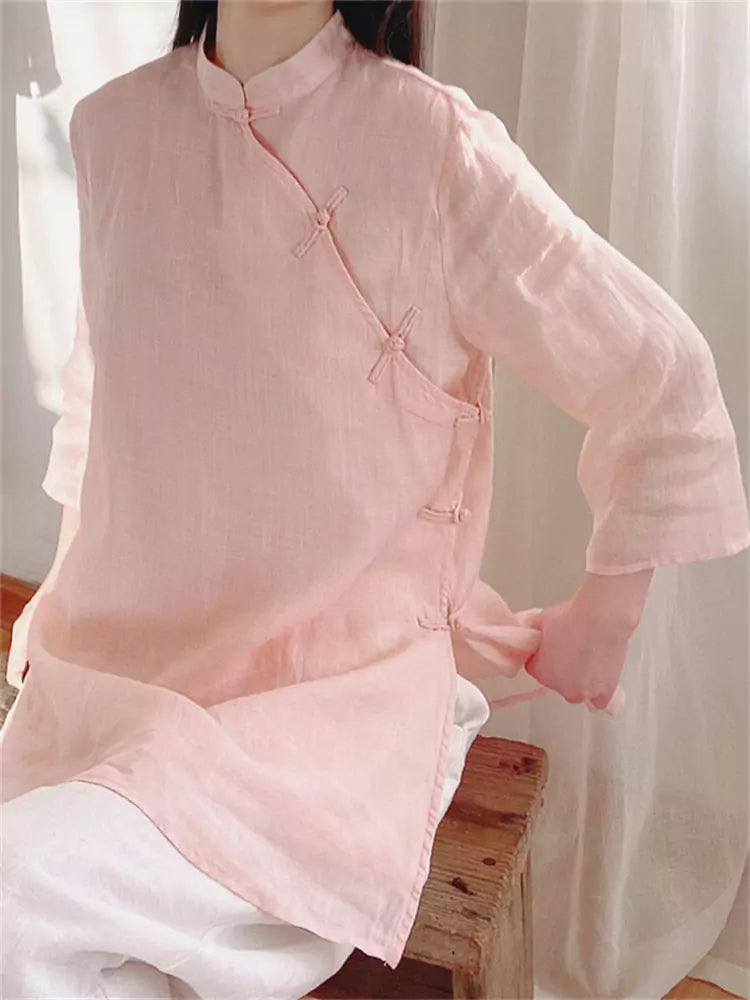 New Chinese Style Diagonal Placket Linen Blouse for Women