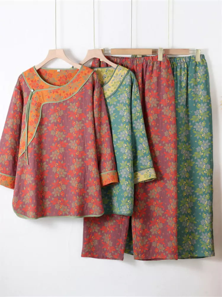New Chinese Style Cotton Double-Gauze Lounge Set for Women