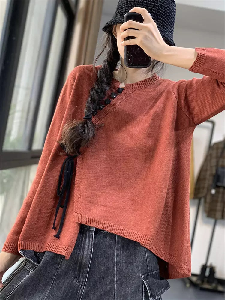 Vintage-Strickbluse im chinesischen Stil mit asymmetrischem Muster für Damen