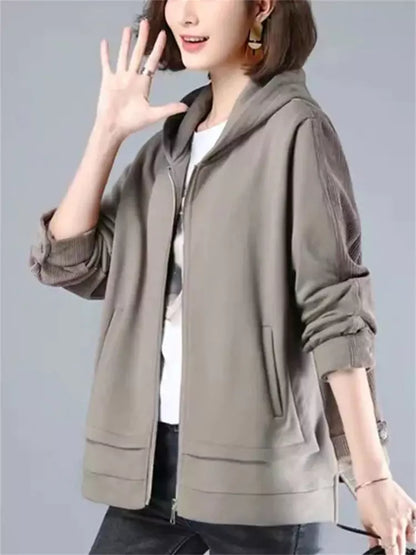 Lässige Cordjacke mit Kapuze und Patchwork-Design für Damen