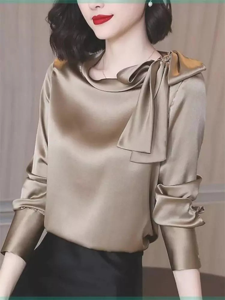 Elegante langärmlige Bluse mit Satinschleife für Damen