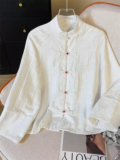 Vintage-Bluse im chinesischen Stil mit Jacquard-Muster, Stehkragen und Knopfleiste für Damen