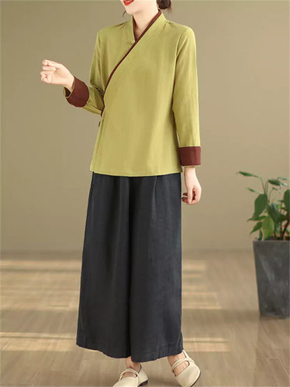 Vintage-Bluse im chinesischen Stil mit asymmetrischem Bindegürtel aus Baumwoll-Leinen für Damen