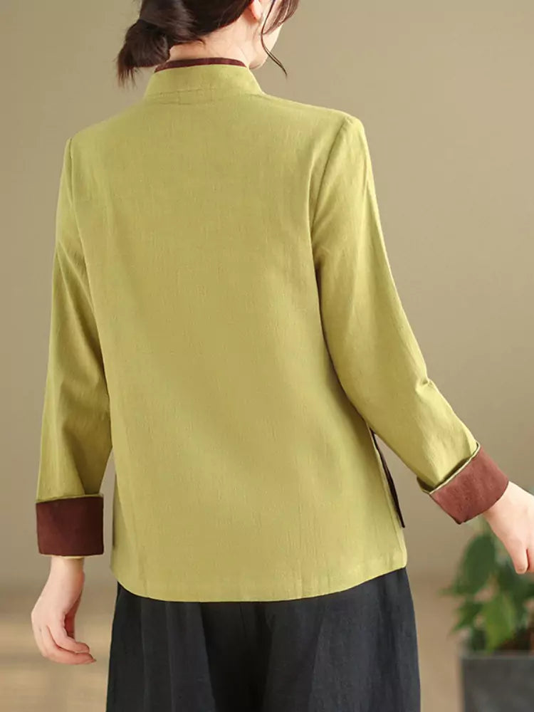 Vintage Chinese Style Asymmetrical Tie-Waist Cotton Linen Blouse for Women