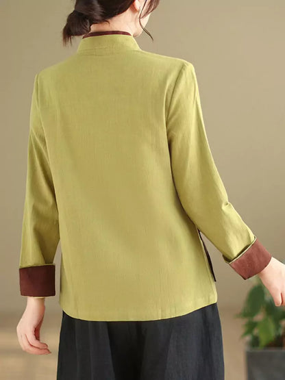 Vintage-Bluse im chinesischen Stil mit asymmetrischem Bindegürtel aus Baumwoll-Leinen für Damen