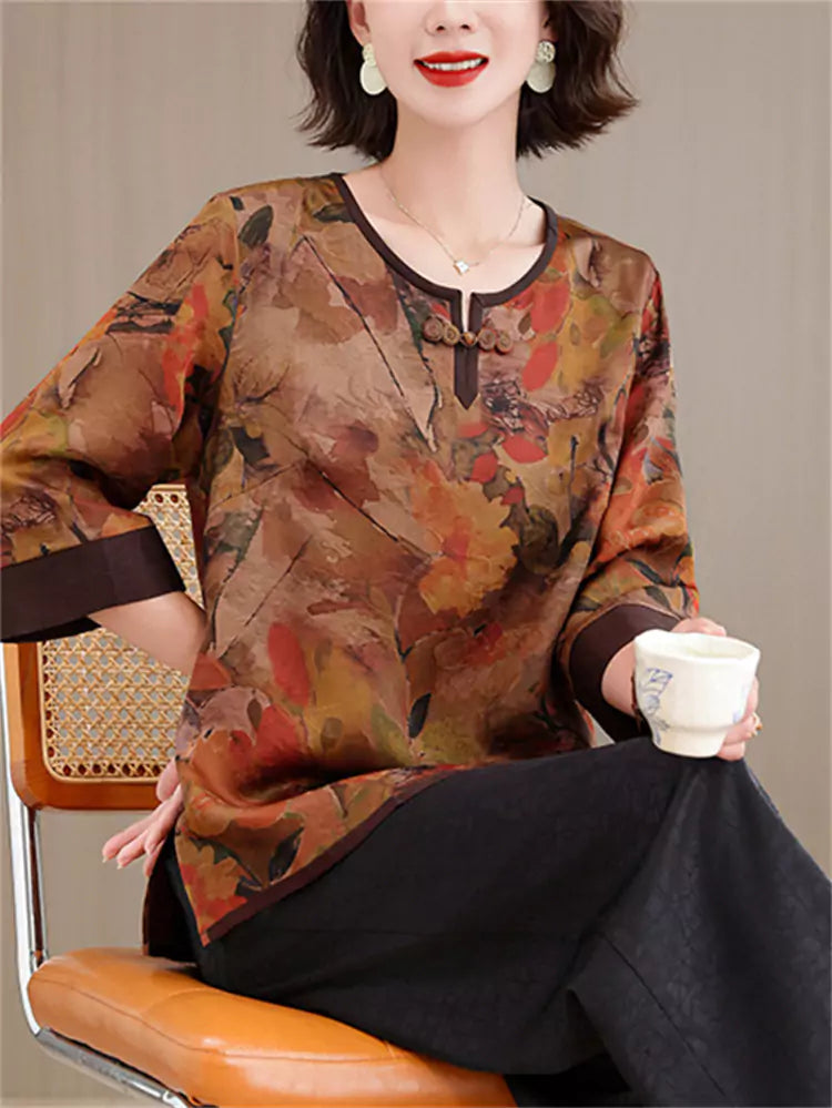 Blusa holgada de estilo chino con mangas 3/4 para mujer