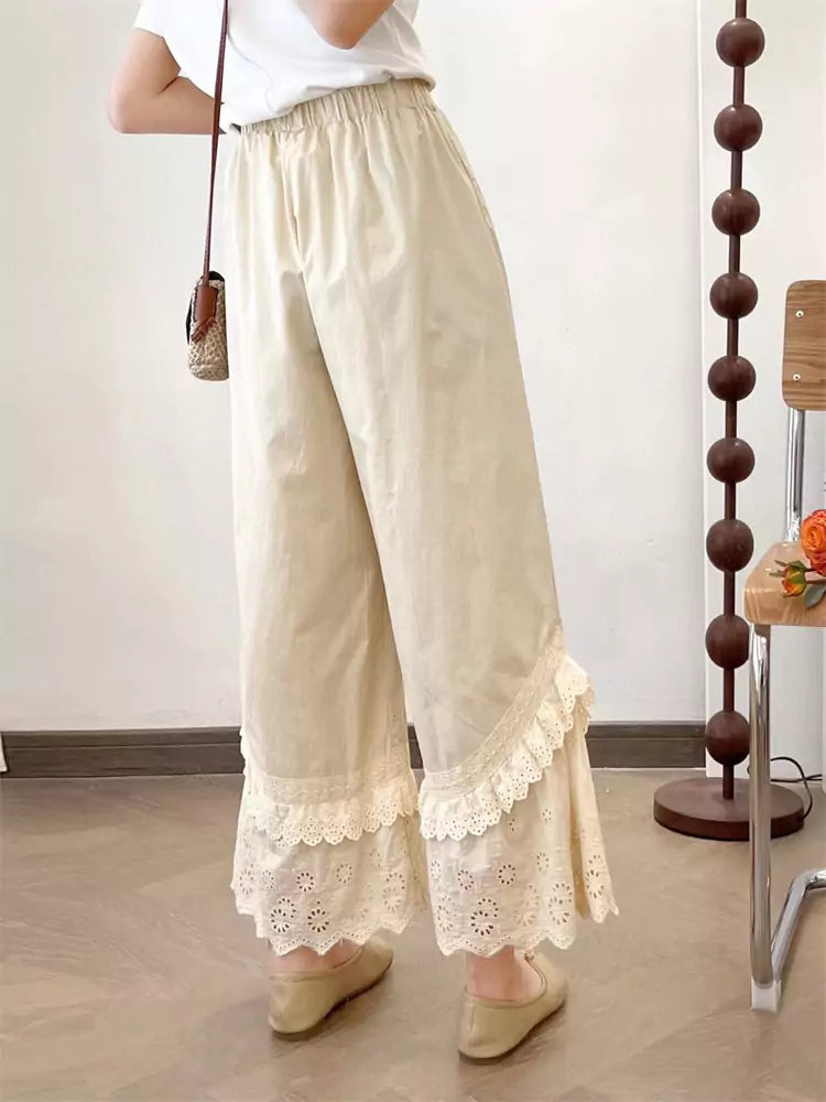 Pantalones de campana de cintura alta con capas y ribete de encaje bordado estilo Sweet Mori para mujer