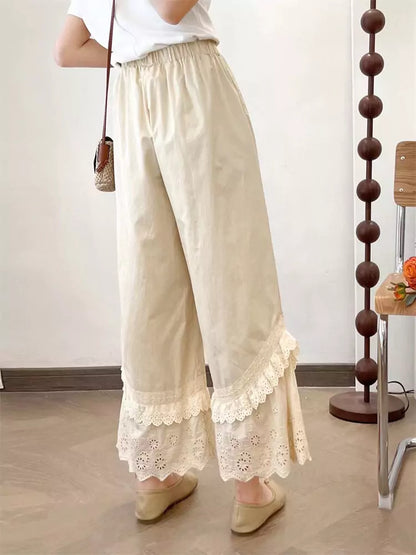 Pantalones de campana de cintura alta con capas y ribete de encaje bordado estilo Sweet Mori para mujer