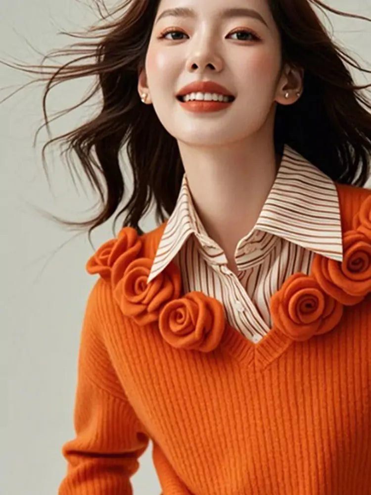 Schickes orangefarbenes 3D-Blumenstrick- und Streifenshirt (zweiteiliger Look)