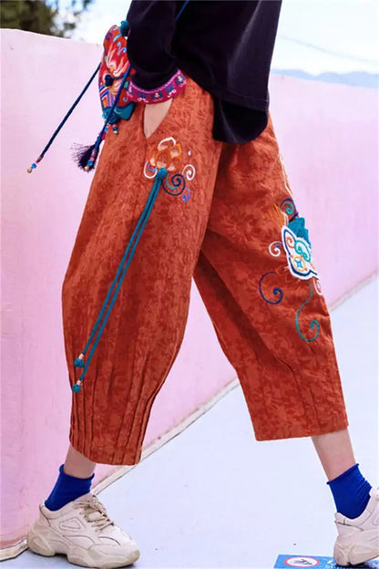 Pantalones bombachos holgados con bordados estilo bohemio para mujer