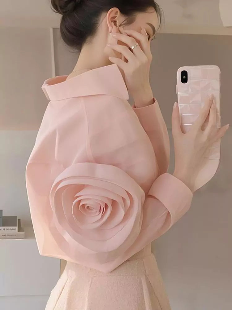 French Style Pink 3D Floral Embellished Elegant Summer Blouse for Women
