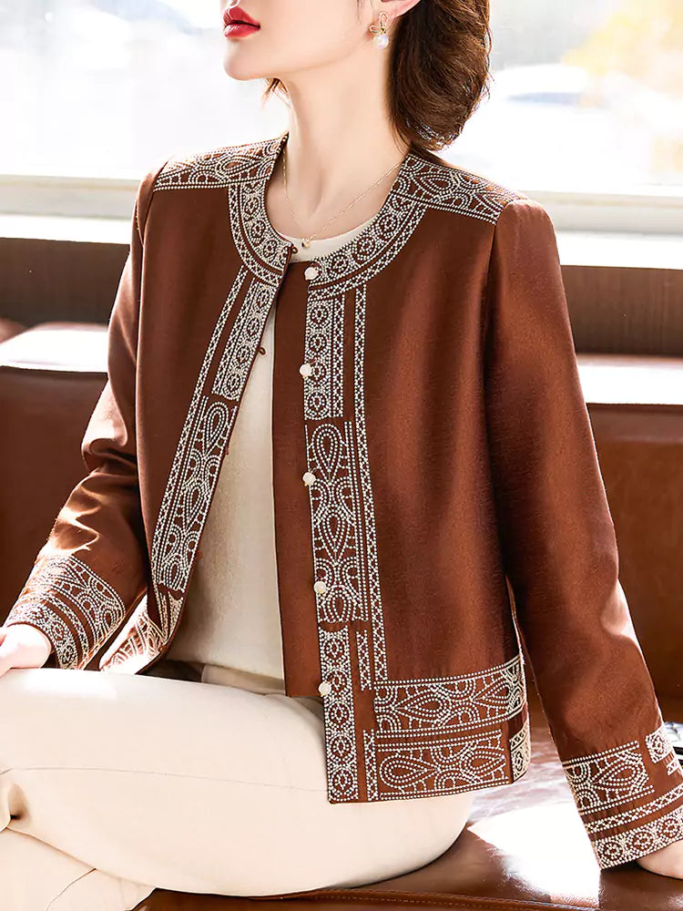 Vintage Jacquard Mulberry Silk Round-Neck Jacket for Women – Retro Tang-Style Top