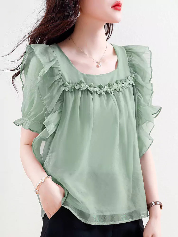 Elegant Green Chiffon Lace Blouse with Short Sleeves for Women
