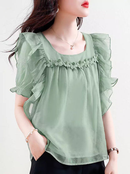 Elegante rosa Chiffon-Spitzenbluse mit kurzen Ärmeln für Damen