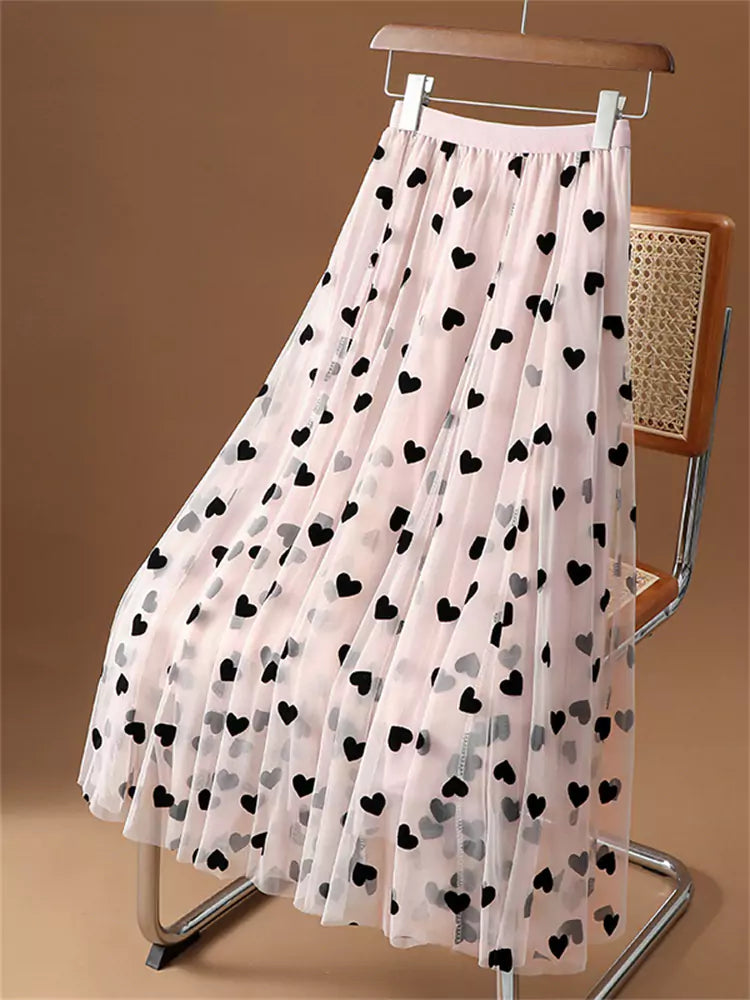 Falda midi de tul con corazones flocados, estilo vintage francés, de alta gama, para mujer