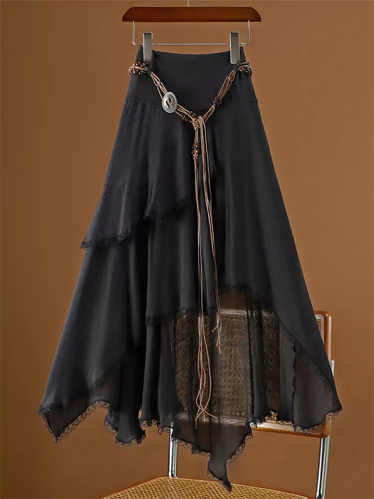 Asymmetrischer A-Linien-Midirock aus Baumwoll-Leinen-Mischgewebe mit Spitzenbesatz für Damen