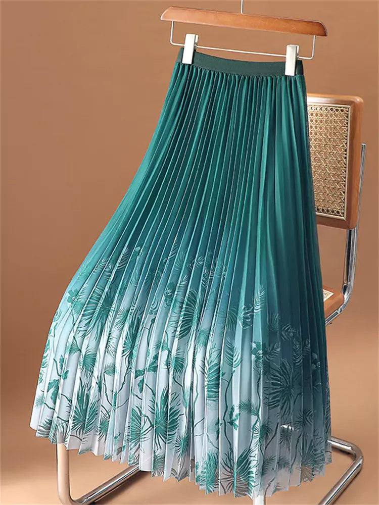 Blauer Ombré-Plissee-Midirock aus Mesh für Damen – Bedrucktes A-Linien-Design mit figurformender Wirkung