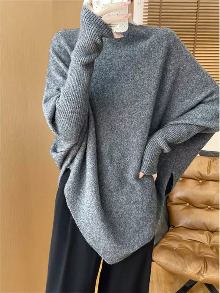 Wool Knit Camel Boat Neck Poncho Sweater – Loose Pullover Mid-Length Shawl for Autumn & Winter