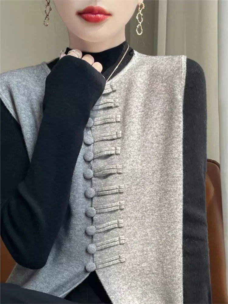 Nuevo chaleco de punto estilo chino color camello para mujer, otoño/invierno, sin mangas, holgado, con cierre de botón de rana