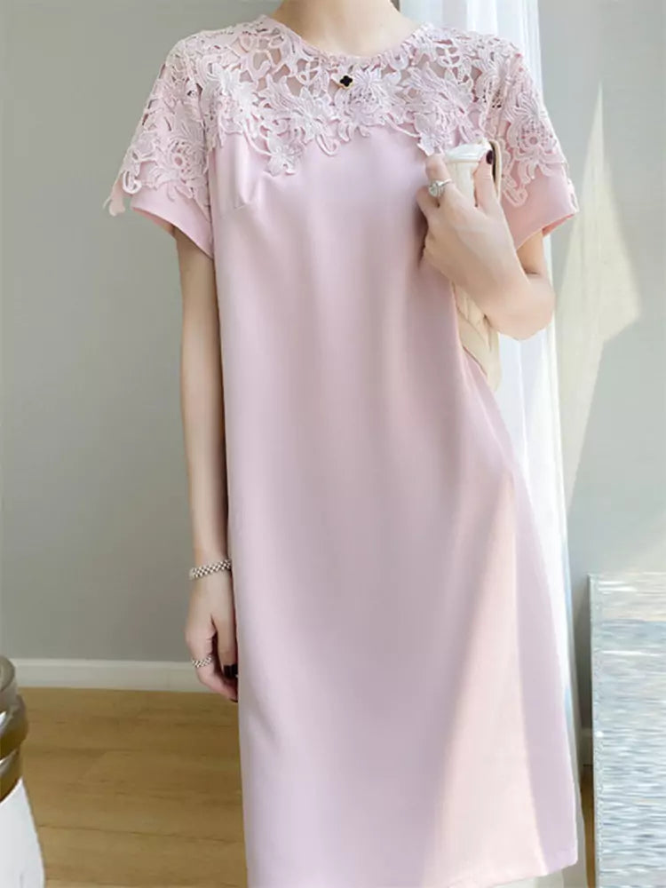 Schwarzes Kleid aus Acetat-Seidenspitze für Damen – Elegantes Midikleid mit kurzen Ärmeln