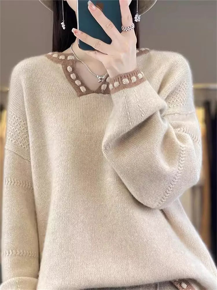 Colorblock Long Knit Sweater for Women – Cozy Oversized Mid-Length Pullover