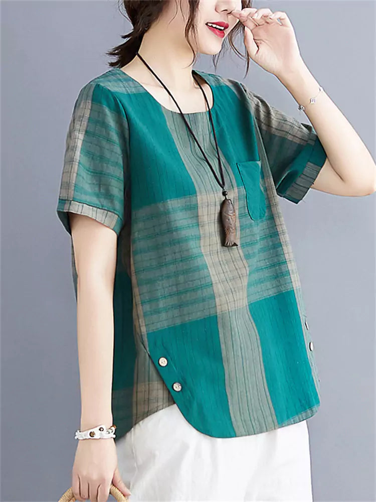 Loose Fit Plaid Short Sleeve Cotton Linen Top for Women