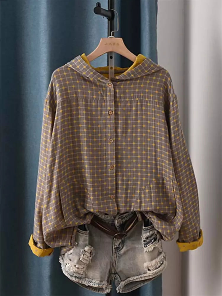 Comfortable Casual Double-Layer Cotton Gauze Checkered Printed Jacket with Hood for Women