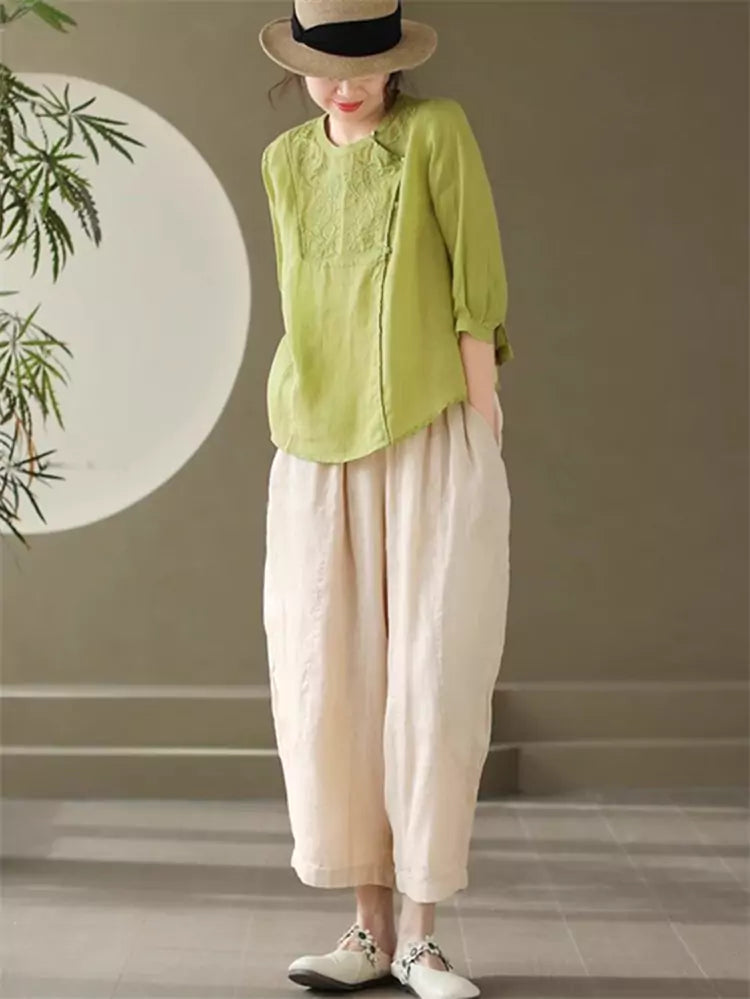 Vintage Chinese Style Green Asymmetric Placket Embroidered  Ramie Top for Women
