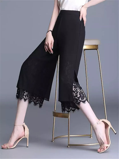 Pantalones rectos cortos de cintura alta con encaje y retazos de gasa elegantes para mujer