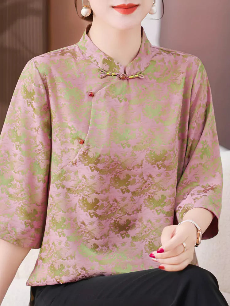 New Chinese Style Plus Size Mulberry Silk Mandarin Collar Top with Traditional Knot Buttons