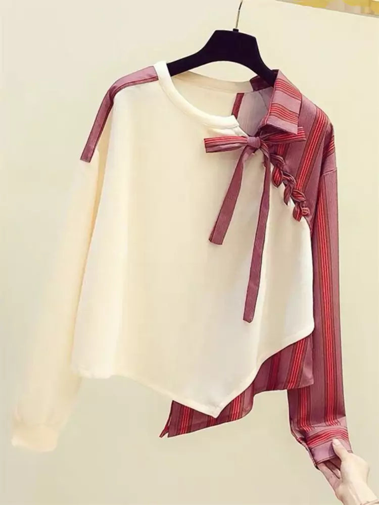 Stylish Lace Up Striped Patchwork Asymmetric Sweatshirt for Women