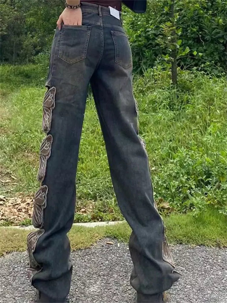 Vintage-Jeans mit hohem Bund, Stickerei, weitem Bein und Schmetterlingsausschnitt für Damen