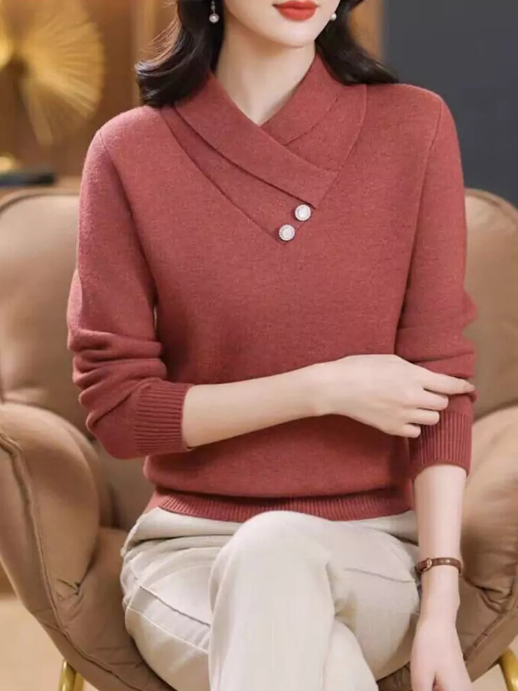 French Style Elegant Cross Collar Knit Sweater for Women