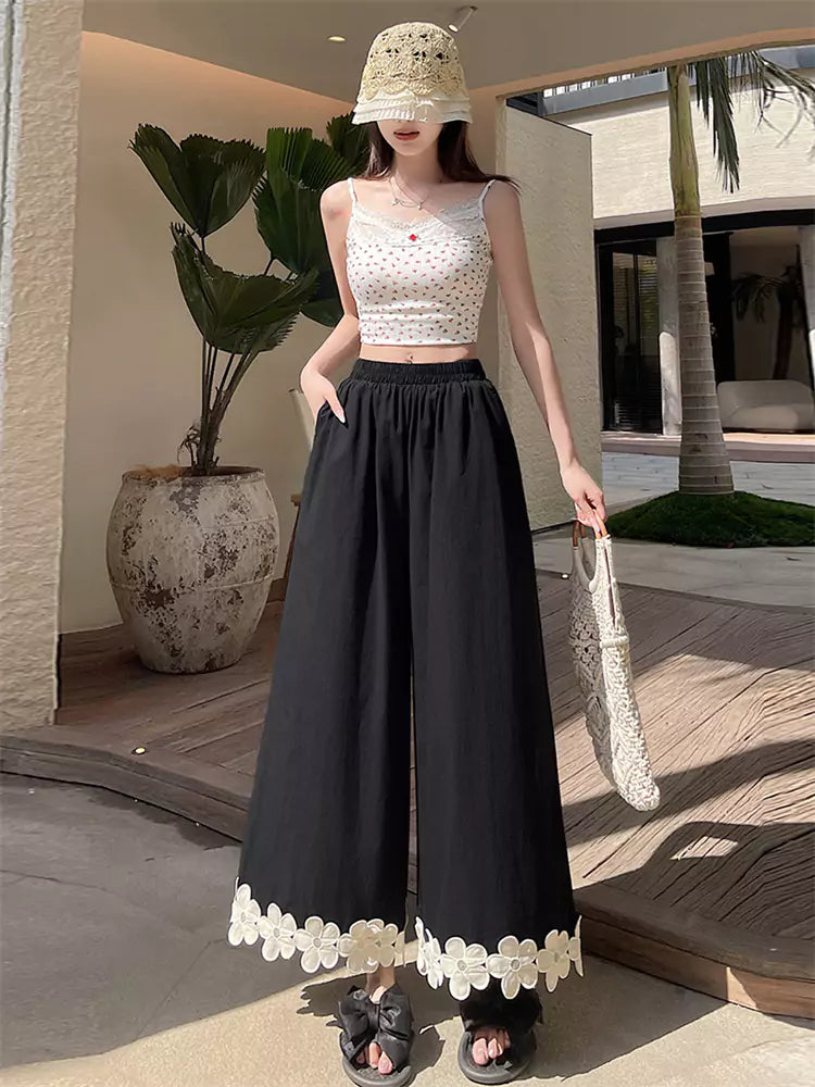 Pantalones de algodón de cintura alta y pierna ancha con diseño floral de patchwork para mujer