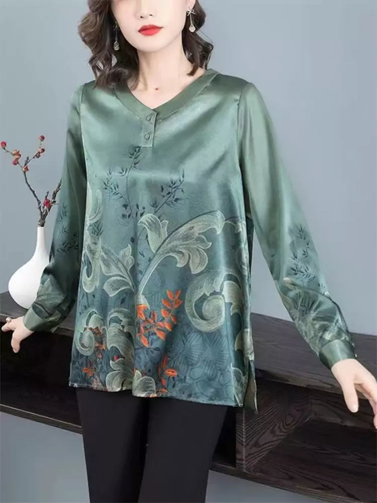 Plus Size Loose Fit Printed Mulberry Silk Blouse for Women