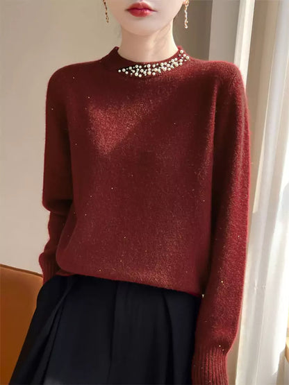 Suéter vintage de punto cálido con cuentas para mujer