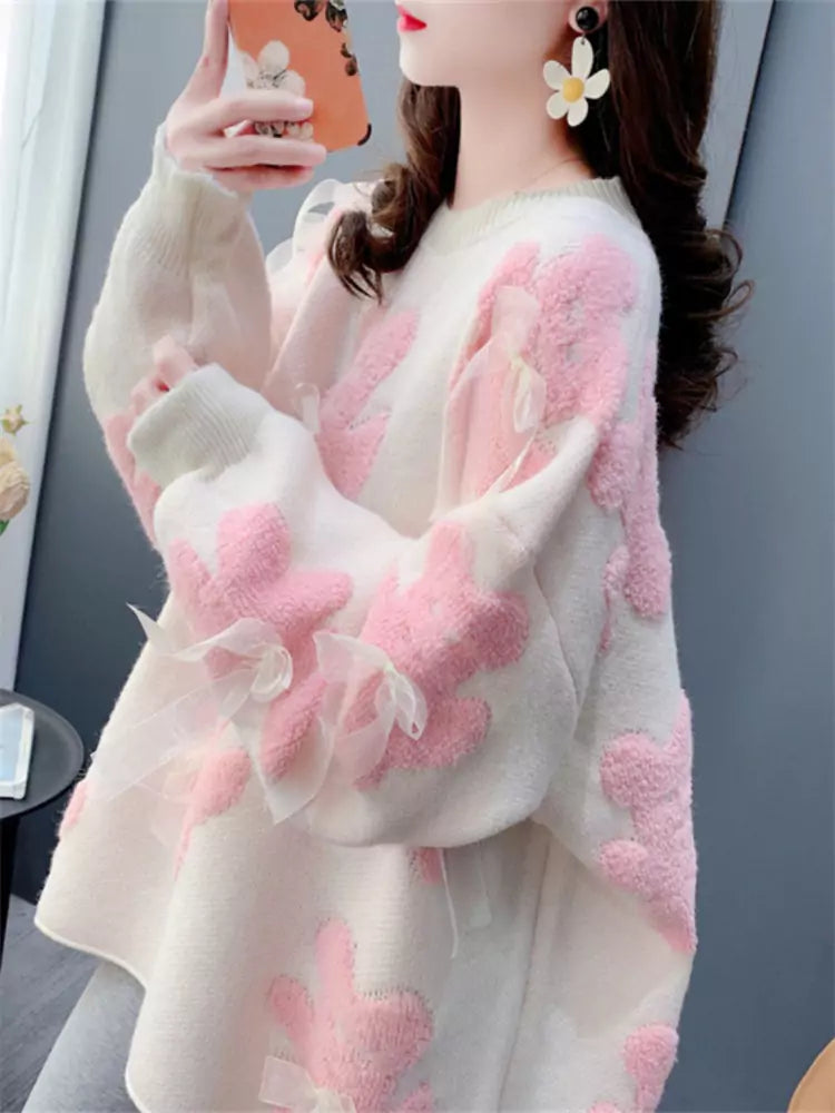 Suéter elegante de cuello redondo con lazo y oso para mujer: prendas de punto cómodas y elegantes